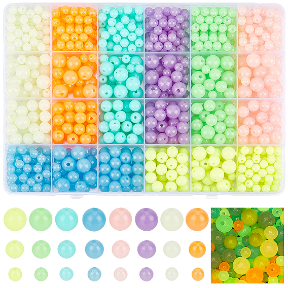 1040 piezas 24 juegos de cuentas acrílicas luminosas de colores, brillan en la oscuridad, rondo