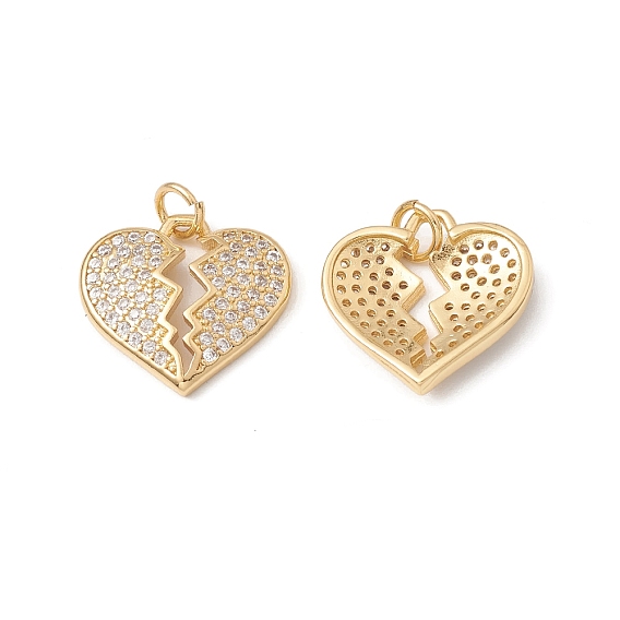 Rack Plating Brass Pendants, with Cubic Zirconia & Jump Ring, Breaking Heart Charm, Cadmium Free & Lead Free, Long-Lasting Plated