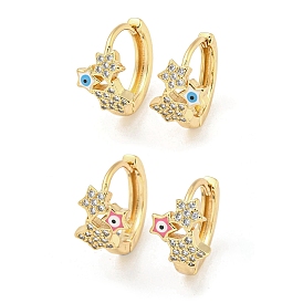 Star with Evil Eye Real 18K Gold Plated Brass Hoop Earrings, with Enamel and Clear Cubic Zirconia
