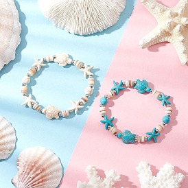 2Pcs Starfish & Turtle Natural Freshwater Shell Beads Stretch Bracelets for Women, with Synthetic Turquoise Beads
