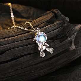 Stylish Short Astronaut Pendant Necklace with Moonstone and Diamonds - 925 Silver