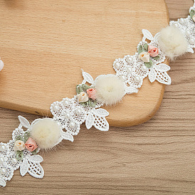 Polyester Lace Trims, Hairy Furry Flower Lace Ribbon with Plastic Beads, for Sewing and Art Craft Projects