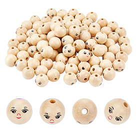 150Pcs Printed Natural Wood European Beads, Undyed, Large Hole Beads, Round with Expression Pattern