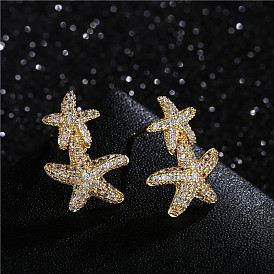 Golden Starfish Stud Earrings with CZ Stones for Women - Hypoallergenic Copper Jewelry