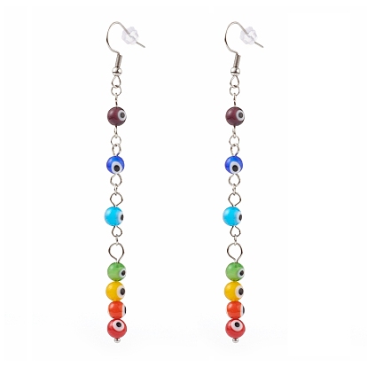 Rainbow Round Evil Eye Lampwork Dangle Earrings, with 304 Stainless Steel Earring Hooks and Ear Nuts