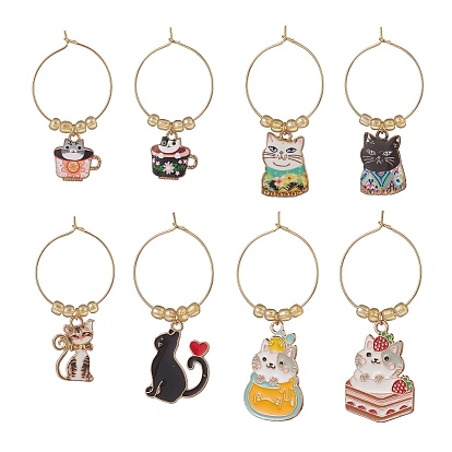Cat Alloy Enamel Wine Glass Charms, with Glass Seed Beads and Brass 
Hoops