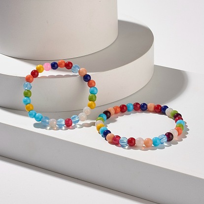 Candy Color Round Glass Beads Stretch Bracelets Set for Children and Parent, Cute Couple Bracelets