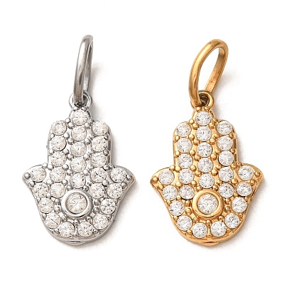 304 dijes de circonita cúbica transparentes micro pavé de acero inoxidable, encantos de mano hamsa