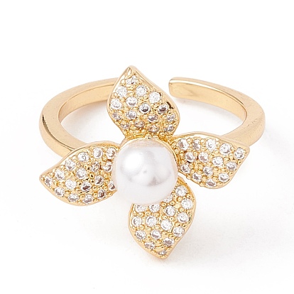 Clear Cubic Zirconia Flower Open Cuff Ring with Acrylic Pearl, Brass Jewelry for Women, Lead Free & Cadmium Free