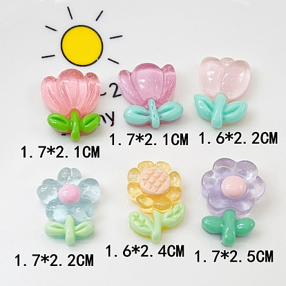 Translucent Resin Decoden Cabochons, Flower with Glitter Powder