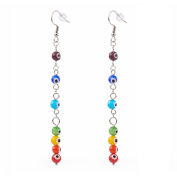 Rainbow Round Evil Eye Lampwork Dangle Earrings, with 304 Stainless Steel Earring Hooks and Ear Nuts