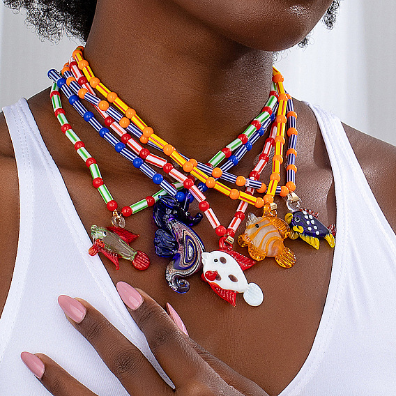 Летние летние пляжные рыбки, пластиковые подвески, стеклянные бусины, ожерелья для женщин