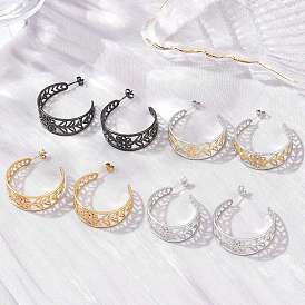 304 Stainless Steel Flower with Leaf Stud Earrings for Women, Half Hoop Earrings, Ion Plating(IP)