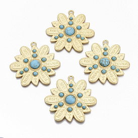 Alloy Big Pendants, with Synthetic Turquoise, Cadmium Free & Nickel Free & Lead Free, Flower with Motivational Words, Real 14K Matte Gold Plated