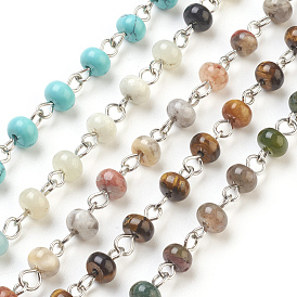 Handmade Gemstone Beaded Chains, Unwelded, with Iron Needle, Platinum