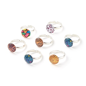 Animal Skin Pattern Flat Round Glass Adjustable Ring, Solid Brass Ring for Women, Platinum