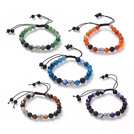 Braided Bead Bracelets, with Antique Silver Plated Alloy Findings, Nylon Thread, Natural Striped Agate and Lava Rock Beads, Buddha