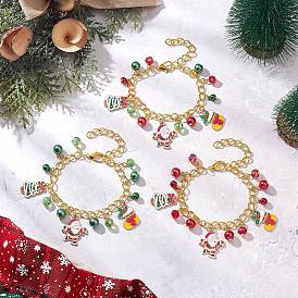 3Pcs 3 Colors Christmas Alloy Enamel Charm Bracelets, Long-Lasting Plated, PVD Vacuum Plating Brass Bell & Glass Pearl Round Charm Bracelets, with Zinc Alloy Lobster Claw Clasps