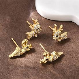 Серьги-гвоздики в форме оленя из латуни с микропаве из прозрачных кубических цирконий, долговечная тарелка, стойки покрытие, без свинца и без кадмия