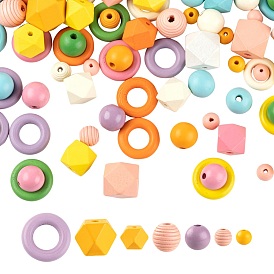 165Pcs 33 Style Painted Natural Wood Beads, Round & Ring & Polygon