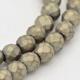 Round Non-magnetic Synthetic Hematite Beads Strands, Imitation Pyrite, Frosted, Faceted