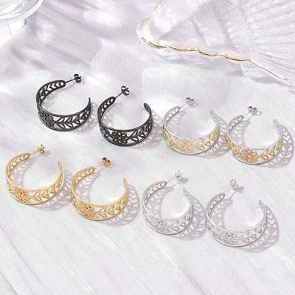 304 Stainless Steel Flower with Leaf Stud Earrings for Women, Half Hoop Earrings, Ion Plating(IP)