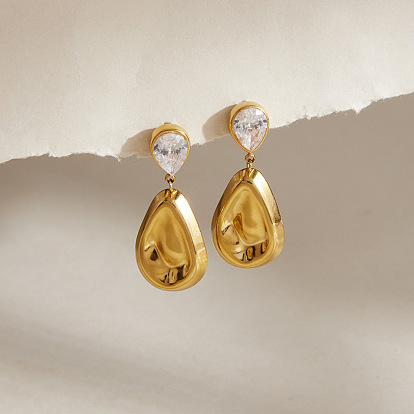 Boucles d'oreilles pendantes en acier inoxydable serties de zirconiums cubiques transparents en forme de larme, pour femmes