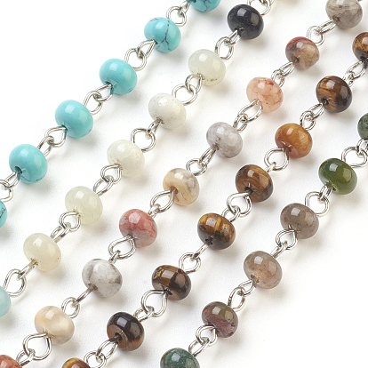 Handmade Gemstone Beaded Chains, Unwelded, with Iron Needle, Platinum