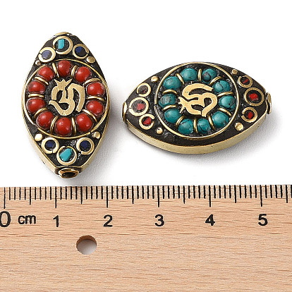 Handmade Tibetan Style Beads, with Brass Findings and Synthetic Turquoise, Antique Golden, Horse Eye with Ohm/Aum Pattern
