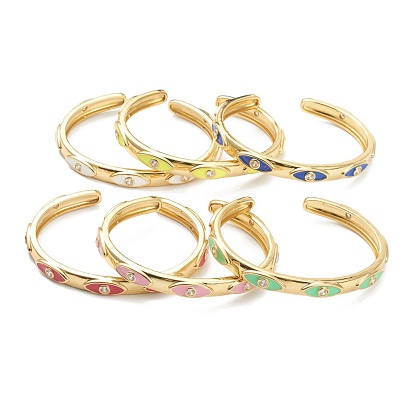 Brass Micro Pave Clear Cubic Zirconia Cuff Bangles, with Enamel, Evil Eye, Real 18K Gold Plated