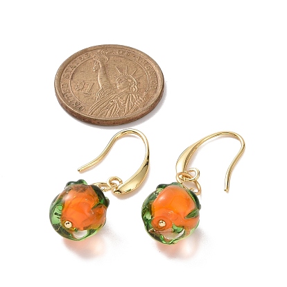Lampwork Persimmon Dangle Earrings, Light Gold Brass Jewelry for Women
