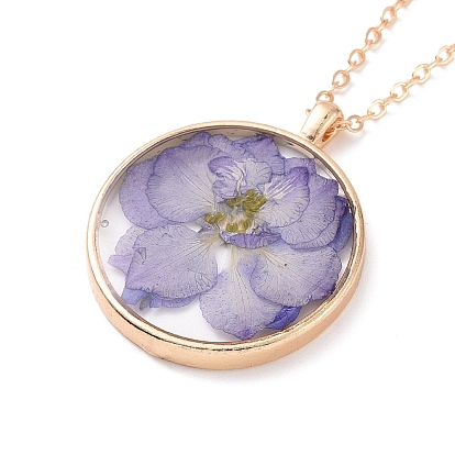 Dry Pressed Real Flower Resin Pendant Necklace, Light Gold Alloy Choker Necklace for Women