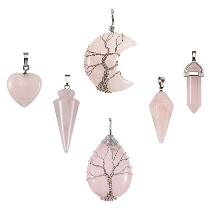 6Pcs 6 Style Natural Rose Quartz Pendants, with Platinum Tone Brass Findings, Mixed Shapes