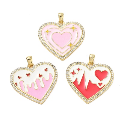 Brass Micro Pave Clear Cubic Zirconia Pendants, with Enamel, Heart Charms, Real 14K Gold Plated