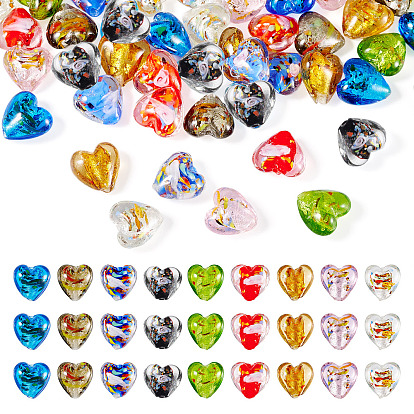 45 piezas 9 estilos de cuentas de vidrio de lámina de plata hechas a mano, corazón
