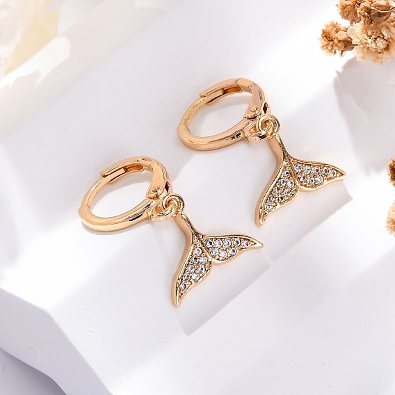 Серьги с застежкой-защелкой из латуни с прозрачным фианитом и прозрачным фианитом, долговечный, стойки покрытие, без свинца и без кадмия, рыбий хвост