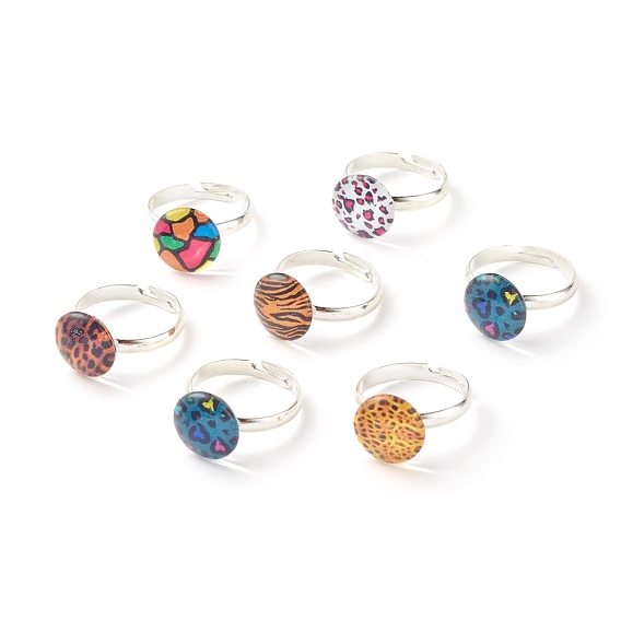 Animal Skin Pattern Flat Round Glass Adjustable Ring, Solid Brass Ring for Women, Platinum