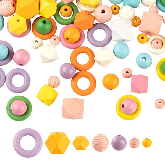 165Pcs 33 Style Painted Natural Wood Beads, Round & Ring & Polygon