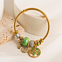Gold Stainless Steel Pandora Bracelet with DIY Tree of Life Oil Drop Pendant Adjustable Open Bangle