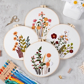 DIY Flower Pattern Embroidery Kits, Including Printed Cotton Fabric, Embroidery Thread & Needles, Plastic Embroidery Hoops