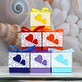 Square Foldable Creative Paper Gift Box, Candy Boxes, Heart Pattern with Ribbon, Decorative Gift Box for Wedding