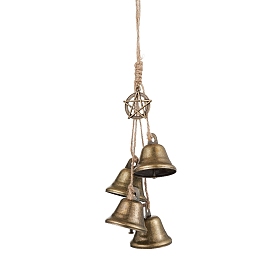 Iron Bell Pendant Decoration, Alloy Flat Round with Star and Jute Cord for Home Door Hanging Ornaments