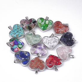 Gemstone Pendants, with Glass and 304 Stainless Steel Findings, Heart, Stainless Steel Color