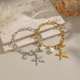 304 Stainless Steel Ocean Holiday Starfish Shell Shape Charm Bracelets with Natural Freshwater Pearl, White