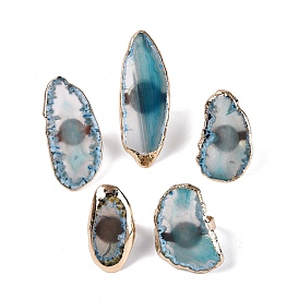 Natural Agate Cuff Rings, with Iron Findings, Dyed & Heated, Nuggets, Golden