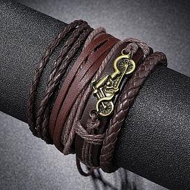 PU Imitation Leather Cords Multi-strand Bracelet, Alloy Motorbike Links Gothic Bracelet with Wax Ropes