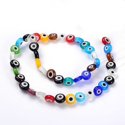 Handmade Lampwork Beads, Evil Eye, Flat Round, Mixed Color, 8x4mm, Hole: 1mm, about 50pcs/strand