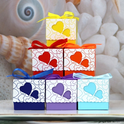 Square Foldable Creative Paper Gift Box, Candy Boxes, Heart Pattern with Ribbon, Decorative Gift Box for Wedding