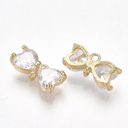 Brass Cubic Zirconia Links, Bowknot, Clear, Real 18K Gold Plated