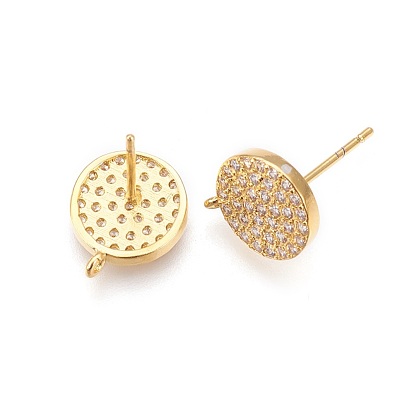 Brass Micro Pave Cubic Zirconia Stud Earring Findings, with Loop, Lead Free & Cadmium Free, Long-Lasting Plated, Flat Round